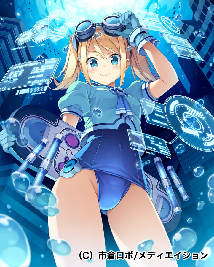 1girl, adjusting_goggles, arm_up, blonde_hair, blue, blue_eyes, bubble, city, cowboy_shot, fish, gloves, goggles, goggles_on_head, holographic_interface, holographic_monitor, hover_board, ichikura_(bk), long_hair, neckerchief, original, school_swimsuit, school_uniform, serafuku, short_sleeves, smile, solo, surfboard, swimsuit, swimsuit_under_clothes, thighs, twintails, underwater, water