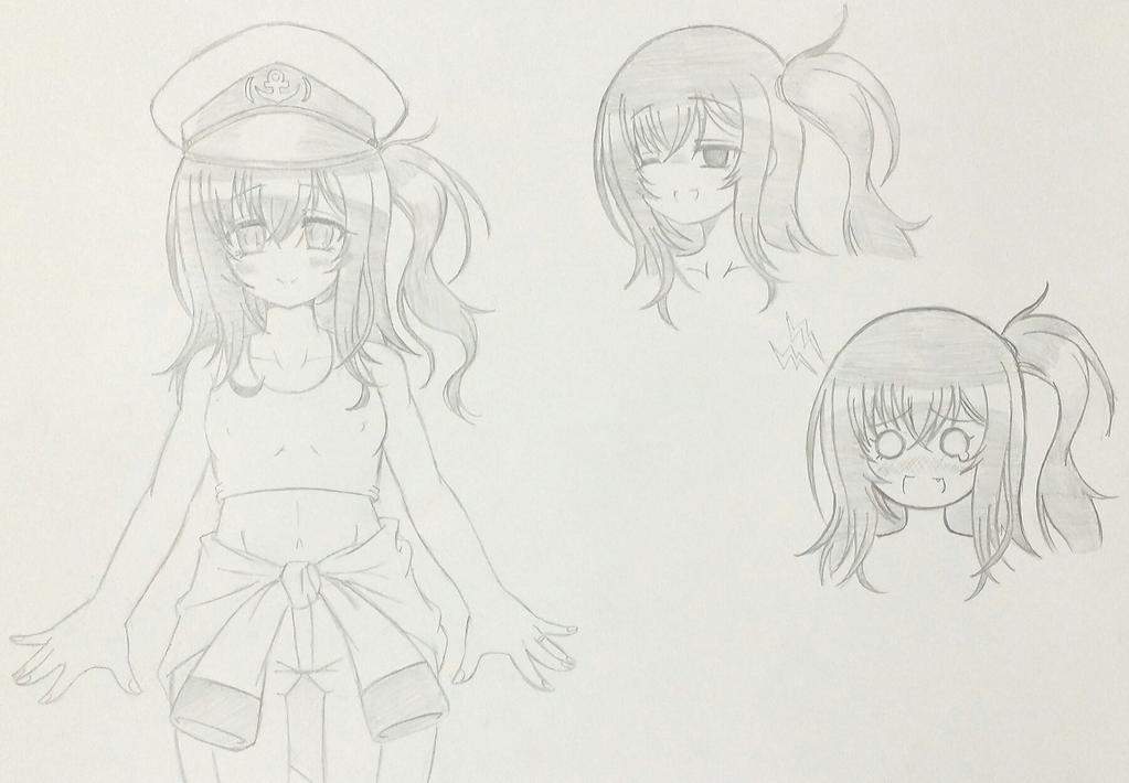 clothes_around_waist, expressions, female_admiral_(kantai_collection), kantai_collection, long_hair, midriff, monochrome, navel