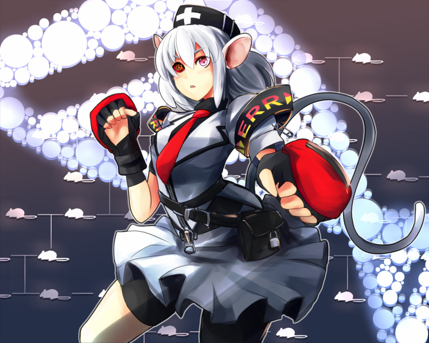 1girl, animal, animal_ears, bag, belt, bike_shorts, boxing_gloves, dna
