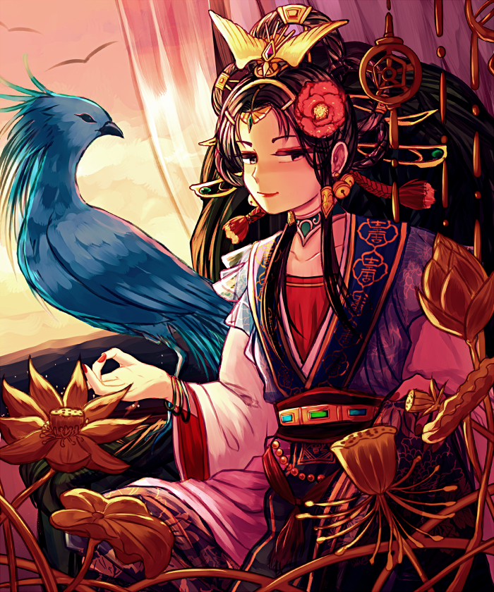 1girl, ansung, bangle, bell, bird, black_hair, bracelet, braid, chinese_clothes, flower, gem, hair_flower, hair_ornament, hair_rings, jewelry, long_hair, nail_polish, original, shingoku_no_valhalla_gate, smirk, solo, tassel