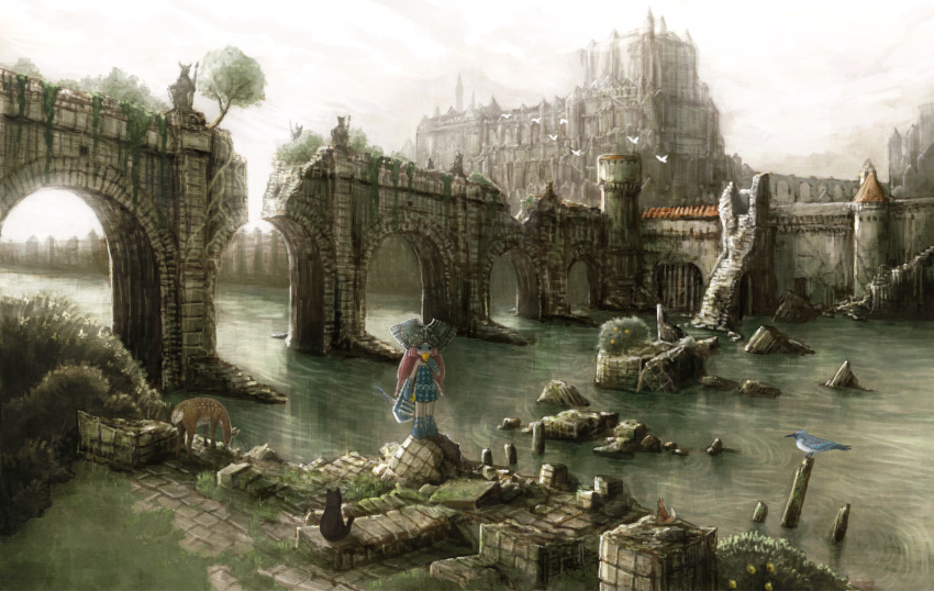 1girl, aqueduct, bird, bluebird, cat, deer, fantasy, food