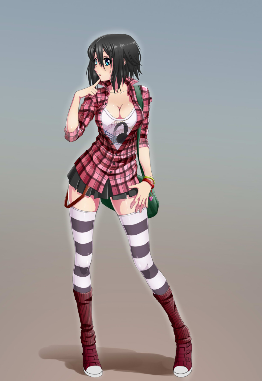1girl, bag, black_hair, black_skirt, blue_eyes, boots, breasts, cleavage