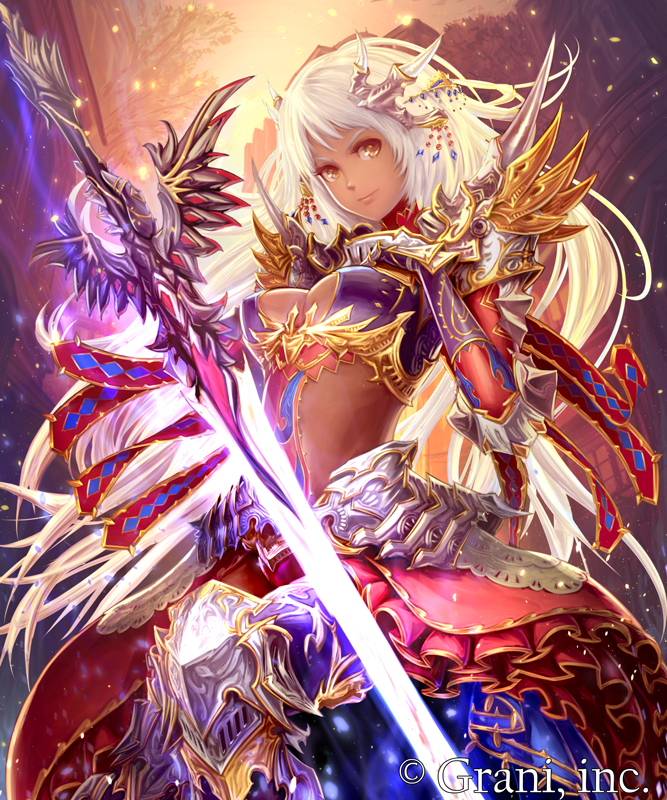 1girl, armor, breasts, brown_eyes, cleavage, cleavage_cutout, company_name, dark_skin