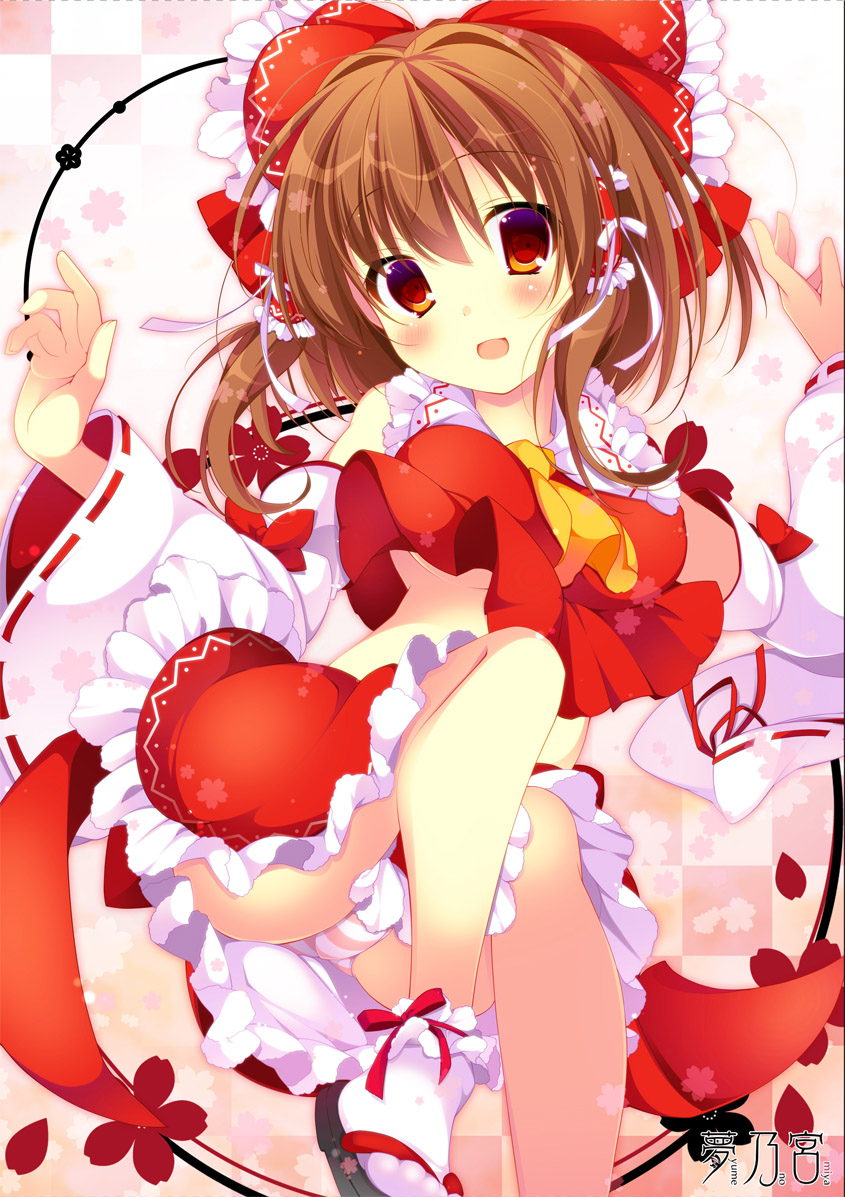 1girl, ascot, blush, bow, brown_hair, detached_sleeves, hair_bow, hair_tubes