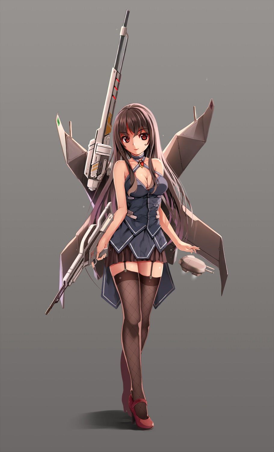 1girl, breasts, brown_hair, cleavage, fishnet_legwear, fishnets, ftl:_faster_than_light, garter_straps