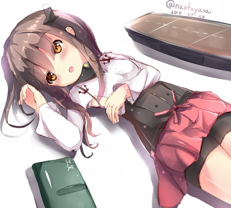 1girl, bike_shorts, blush, brown_eyes, brown_hair, dated, headband, headgear