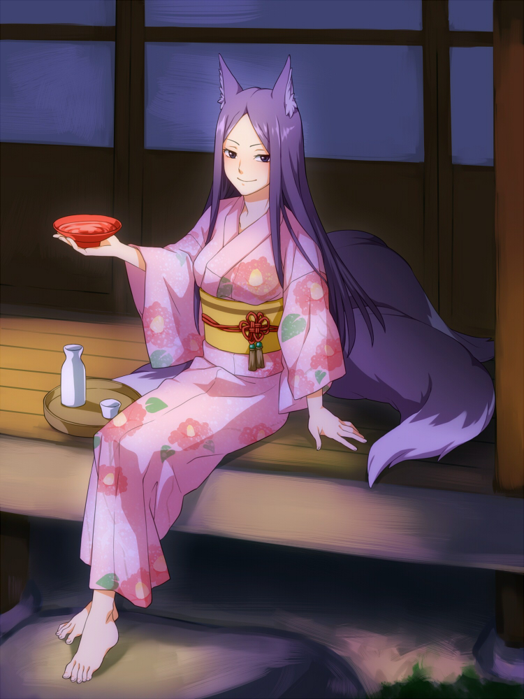 1girl, alcohol, animal_ears, barefoot, blush, bottle, feet, fox_ears