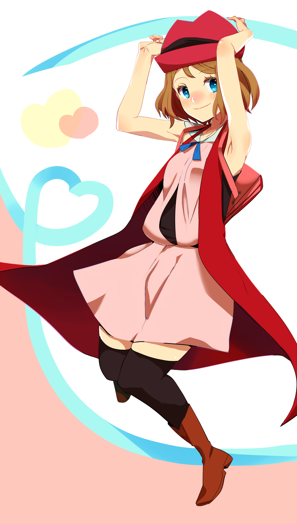 1girl, backpack, bag, black_legwear, blonde_hair, blue_eyes, dress, hat, highres, housengo, looking_at_viewer, pink_dress, pokemon, pokemon_(anime), serena_(pokemon), short_hair, sleeveless, smile, solo, thigh-highs