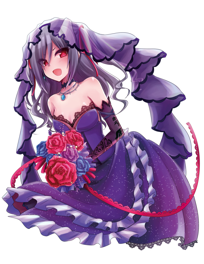 1girl, bare_shoulders, bouquet, breasts, bridal_veil, bride, dress, elbow_gloves