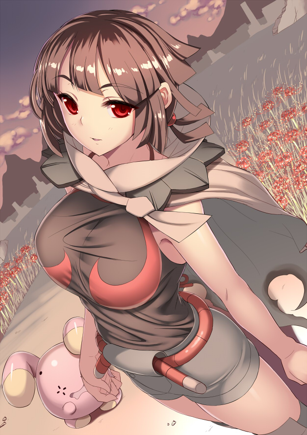 akidenmania, belt, breasts, brown_hair, cape, field, flower, flower_field