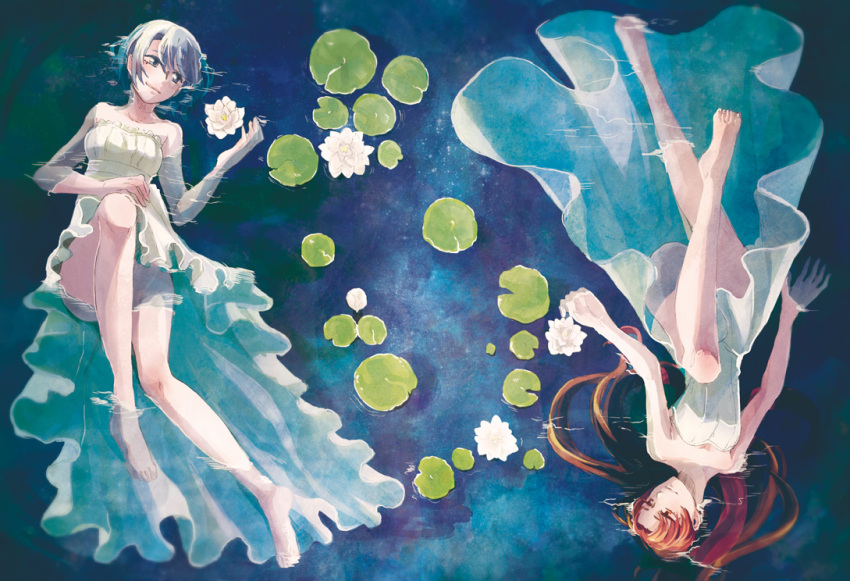 2girls, afloat, blue_hair, convenient_leg, dress, flower, from_above, long_hair