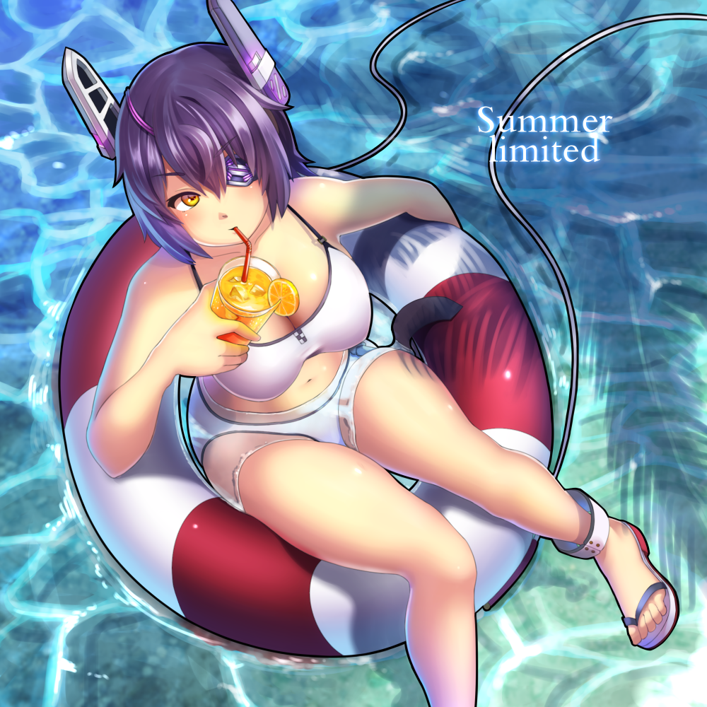 1girl, bikini, blush, breasts, cleavage, dominico, drinking, drinking_straw