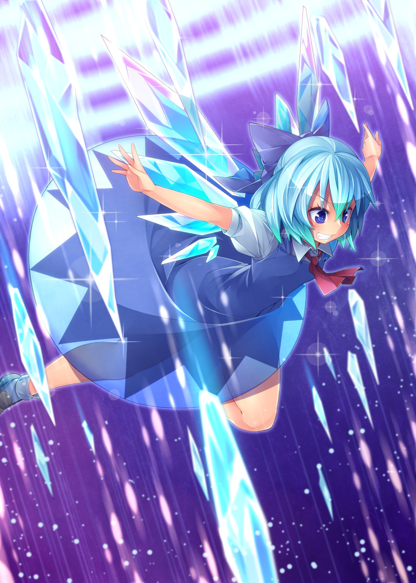 1girl, absurdres, blue_eyes, blue_hair, blush, bow, cirno, danmaku