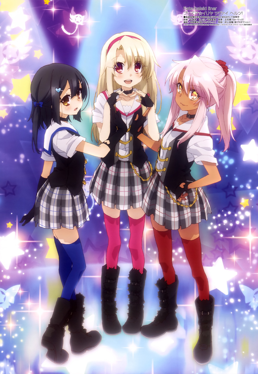 3girls, absurdres, black_hair, blonde_hair, blue_legwear, boots, bow, brown_eyes, choker, fate/kaleid_liner_prisma_illya, fate_(series), fingerless_gloves, gloves, hair_bow, hair_ornament, hairband, hairclip, hand_on_hip, heart_cutout, heart_hair_ornament, heart_hands_trio, highres, idol, illyasviel_von_einzbern, kuro_(fate/kaleid_liner), long_hair, megami, miyu_edelfelt, multiple_girls, official_art, pink_hair, pink_legwear, plaid, plaid_skirt, ponytail, red_eyes, red_legwear, scrunchie, skirt, thigh-highs, ushijima_nozomi, yellow_eyes, zettai_ryouiki