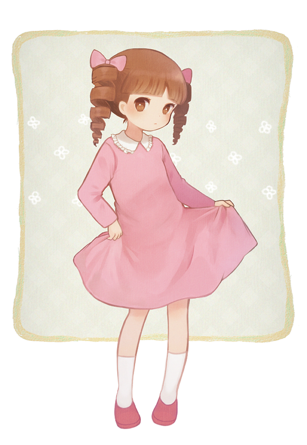 1girl, ayu_(mog), brown_eyes, brown_hair, chibi_maruko-chan, dress, drill_hair, full_body, jougasaki_himeko, md5_mismatch, pink_dress, shoes, simple_background, socks, solo, standing, twin_drills, white_background