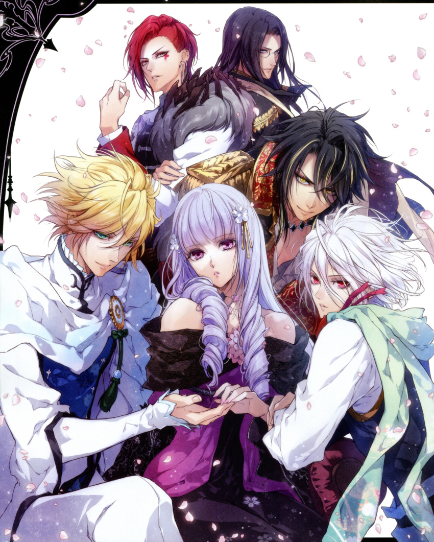 1girl, 5boys, absurdres, black_hair, blonde_hair, earrings, ghislain_(reine_des_fleurs), green_eyes