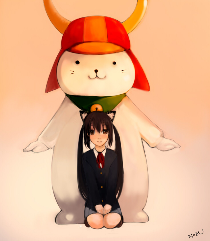 black_hair, brown_eyes, cat_ears, face, hikonyan, k-on!, kneeling, long_hair