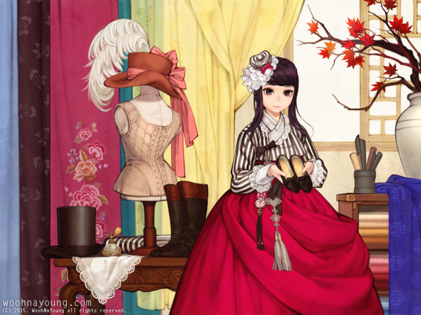 1girl, 2015, artist_name, bangs, black_eyes, black_hair, boots_removed, bottle