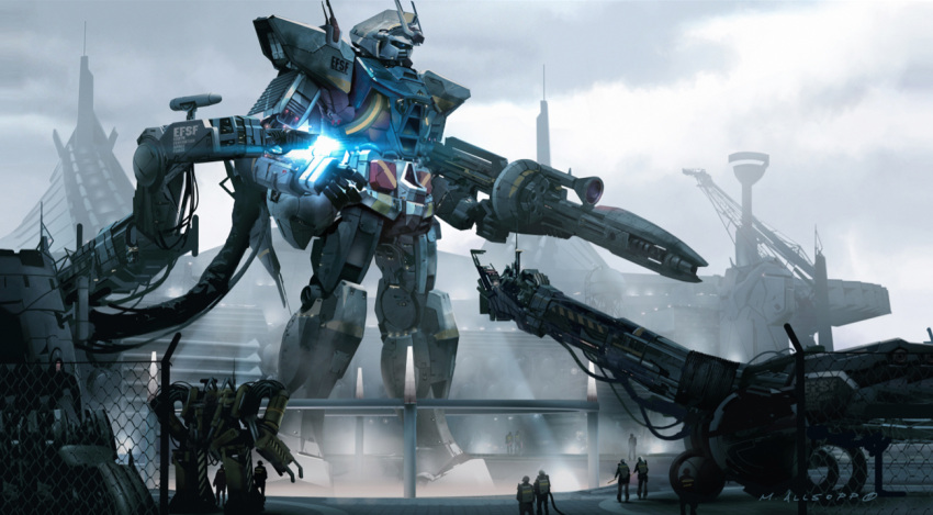 antennae, artist_name, beam_rifle, building, cable, clouds, crane, energy_gun, engineer, gundam, hangar, matt_allsopp, mecha, mechanical_arm, mobile_suit_gundam, realistic, redesign, repairing, rx-78-2, signature, weapon, welding