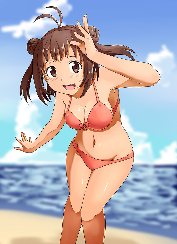 1girl, beach, bikini, blush, breasts, brown_eyes, brown_hair, cleavage, double_bun, ka-9, kantai_collection, looking_at_viewer, naka_(kantai_collection), navel, open_mouth, short_hair, smile, solo, swimsuit