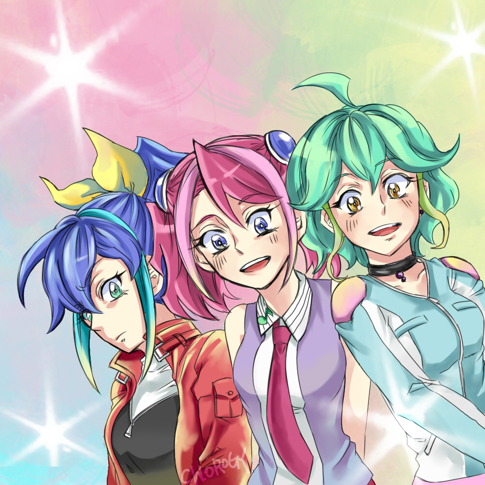 3girls, :d, blue_eyes, blue_hair, choker, chorogy, earrings, green_eyes, green_hair, hiiragi_yuzu, jacket, jewelry, jumpsuit, multicolored_hair, multiple_girls, necktie, open_mouth, pink_hair, ponytail, rin_(yuu-gi-ou_arc-v), school_uniform, serena_(yuu-gi-ou_arc-v), short_hair, short_twintails, smile, twintails, two-tone_hair, yellow_eyes, yuu-gi-ou, yuu-gi-ou_arc-v