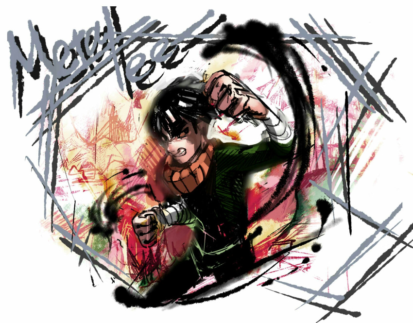 1boy, black_eyes, black_hair, character_name, commentary_request, metal_lee, naruto, smile