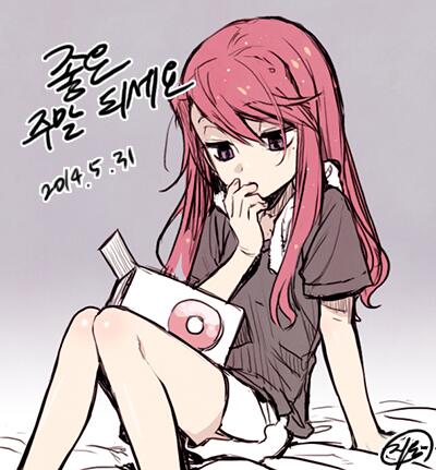 1boy, amel, americano_beans, americano_exodus, arm_support, bangs, dated, doughnut