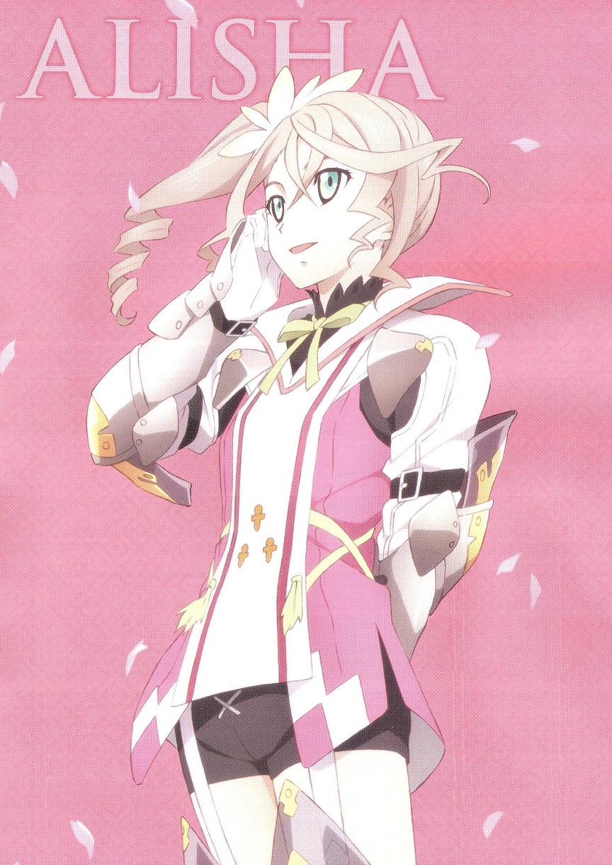 1girl, alisha_(tales), blonde_hair, boots, character_name, drill_hair, garter_straps, gauntlets