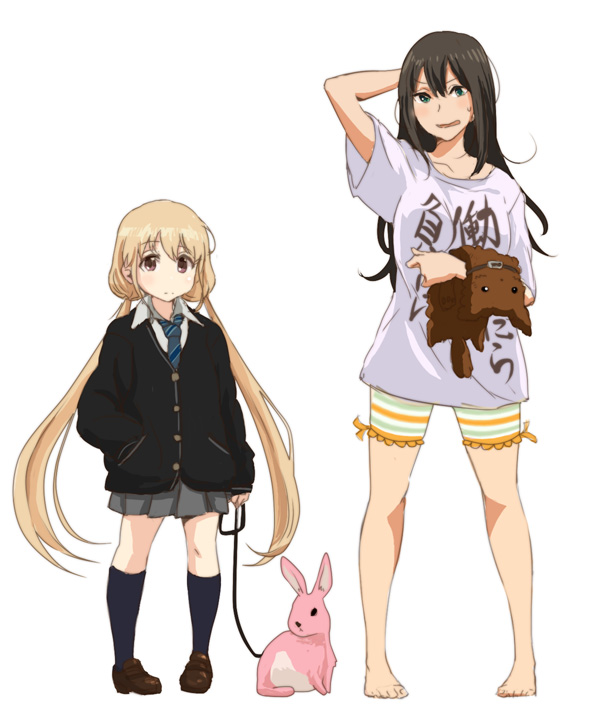 2girls, 71, arm_behind_head, barefoot, bike_shorts, black_hair, black_legwear, blonde_hair