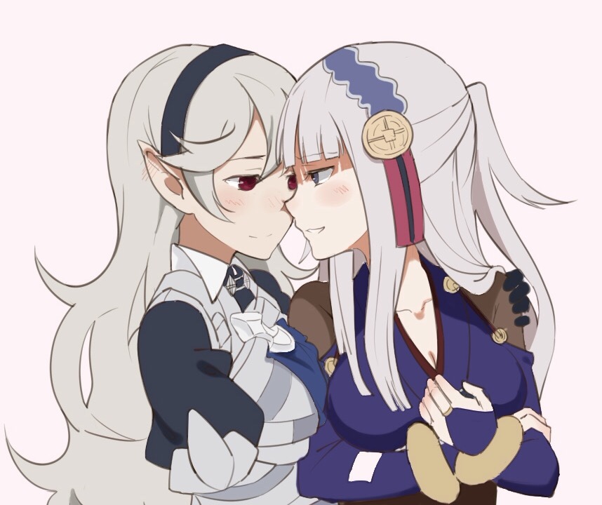 2girls, blue_eyes, blush, breasts, bridal_gauntlets, chocotto715, cleavage, collarbone, ear_blush, fire_emblem, fire_emblem_if, hairband, jewelry, kiss, long_hair, multiple_girls, my_unit_(fire_emblem_if), nose_kiss, pink_background, pointy_ears, puffy_short_sleeves, puffy_sleeves, pulled_by_self, red_eyes, ring, short_sleeves, silver_hair, simple_background, syalla_(fire_emblem_if), upper_body, yuri
