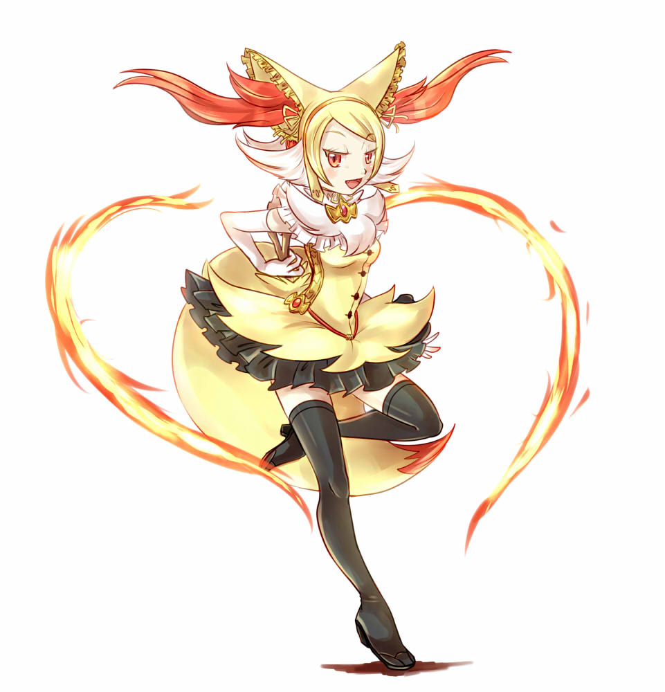 1girl, black_legwear, braixen, elbow_gloves, fire, gloves, headpiece, konna-nani