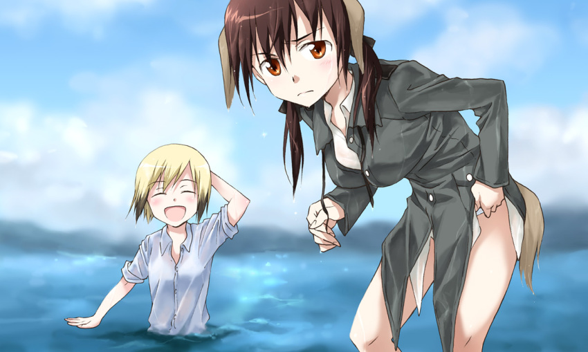 agahari, animal_ears, blonde_hair, blue_eyes, blush, brown_eyes, brown_hair, drip