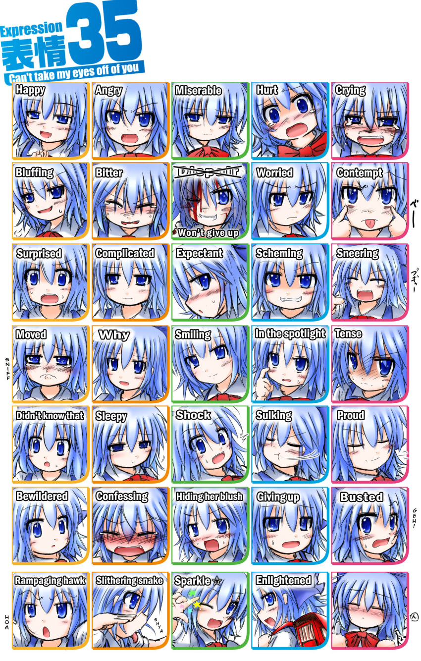 backpack, blue_eyes, blue_hair, chart, cirno, expressions, gobaku_arashi, highres