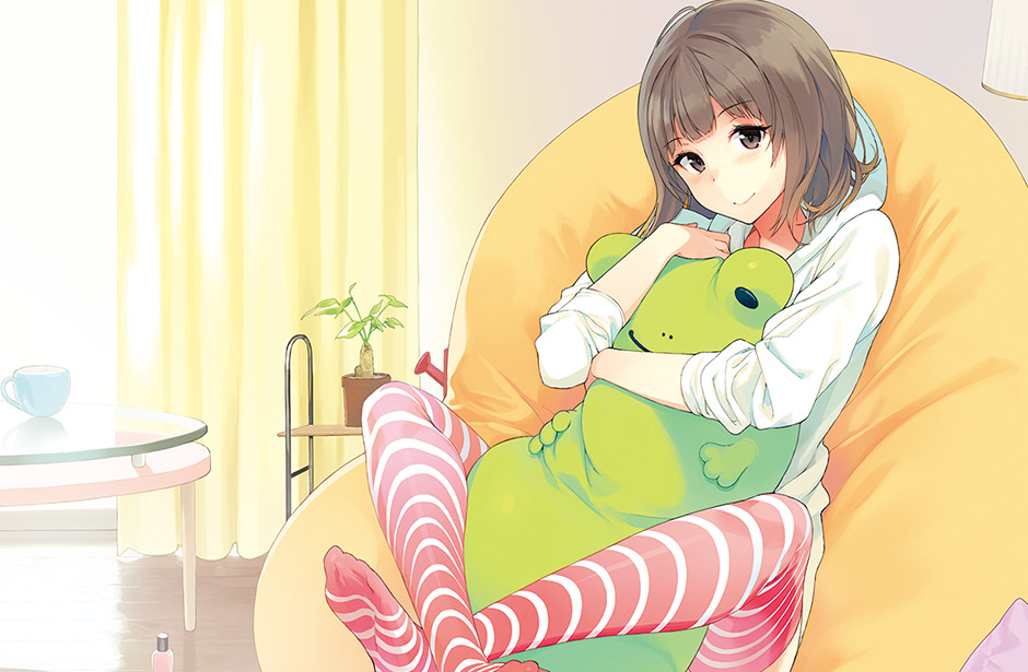 1girl, bean_bag, blush, brown_eyes, brown_hair, cup, curtains, doll_hug, hoodie, kuu-doll, leg_lock, nail_polish_bottle, no_shoes, plant, potted_plant, red_legwear, sasamori_tomoe, sitting, smile, solo, striped, striped_legwear, stuffed_animal, stuffed_frog, stuffed_toy, table, thigh-highs, watering_can