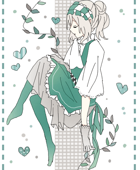 1girl, closed_eyes, from_side, gloves, grey_hair, hair_bun, heart, maid, maid_headdress, mikagura_gakuen_kumikyoku, narumi_kurumi, pantyhose, smile, solo