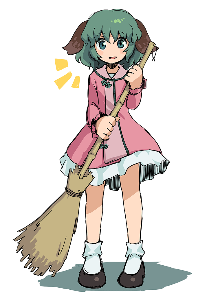 1girl, animal_ears, bamboo_broom, broom, dress, full_body, green_eyes, green_hair