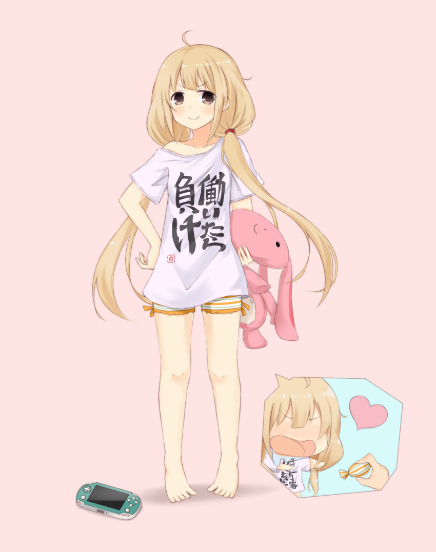 1girl, barefoot, blonde_hair, blush, brown_eyes, candy, clothes_writing, futaba_anzu, google_(asdek18), handheld_game_console, heart, highres, holding, idolmaster, idolmaster_cinderella_girls, long_hair, looking_at_viewer, pink_background, short_shorts, shorts, smile, solo, standing, stuffed_animal, stuffed_bunny, stuffed_toy, t-shirt, translated, twintails, you_work_you_lose