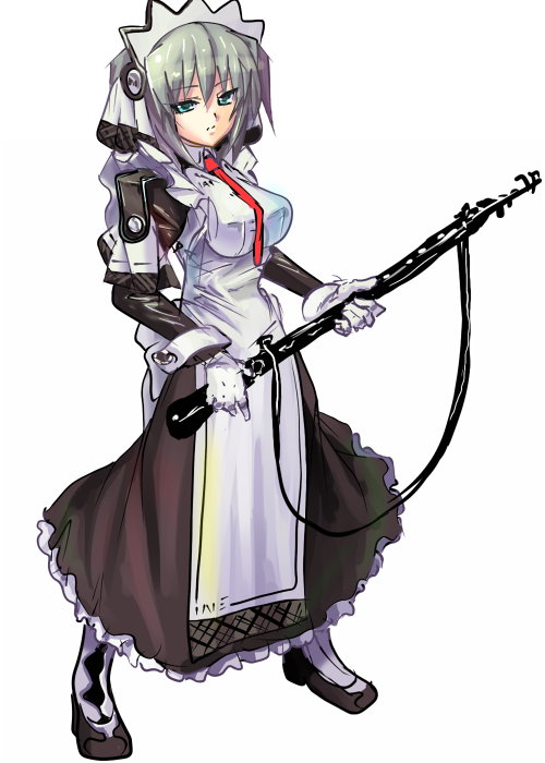 blue_eyes, blue_hair, gun, maid, necktie, owari_no_chronicle, rifle, sf