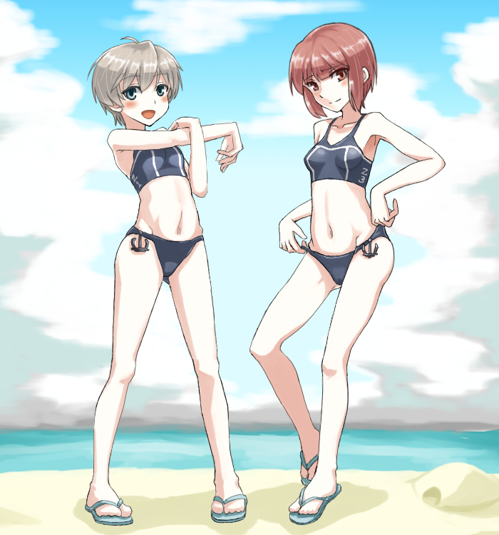 2girls, battasarada, bikini, blue_eyes, brown_eyes, brown_hair, kantai_collection, multiple_girls