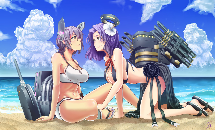 2girls, absurdres, beach, bikini, clouds, eyepatch, headgear, highres