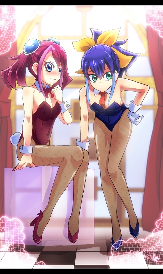 2girls, akatsu_masato, blue_eyes, blue_hair, bunny_tail, bunnysuit, detached_collar, gloves