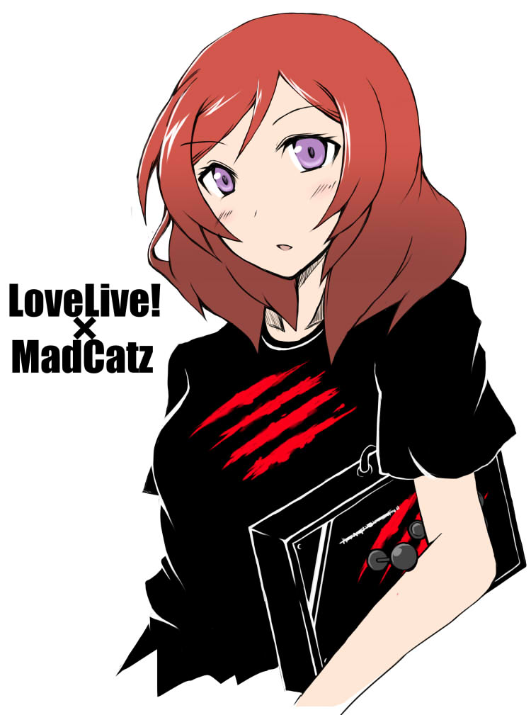 1girl, arcade_stick, blush, controller, game_controller, hiya_(dkr), joystick, love_live!_school_idol_project, mad_catz, nishikino_maki, portrait, redhead, short_hair, solo, t-shirt, violet_eyes