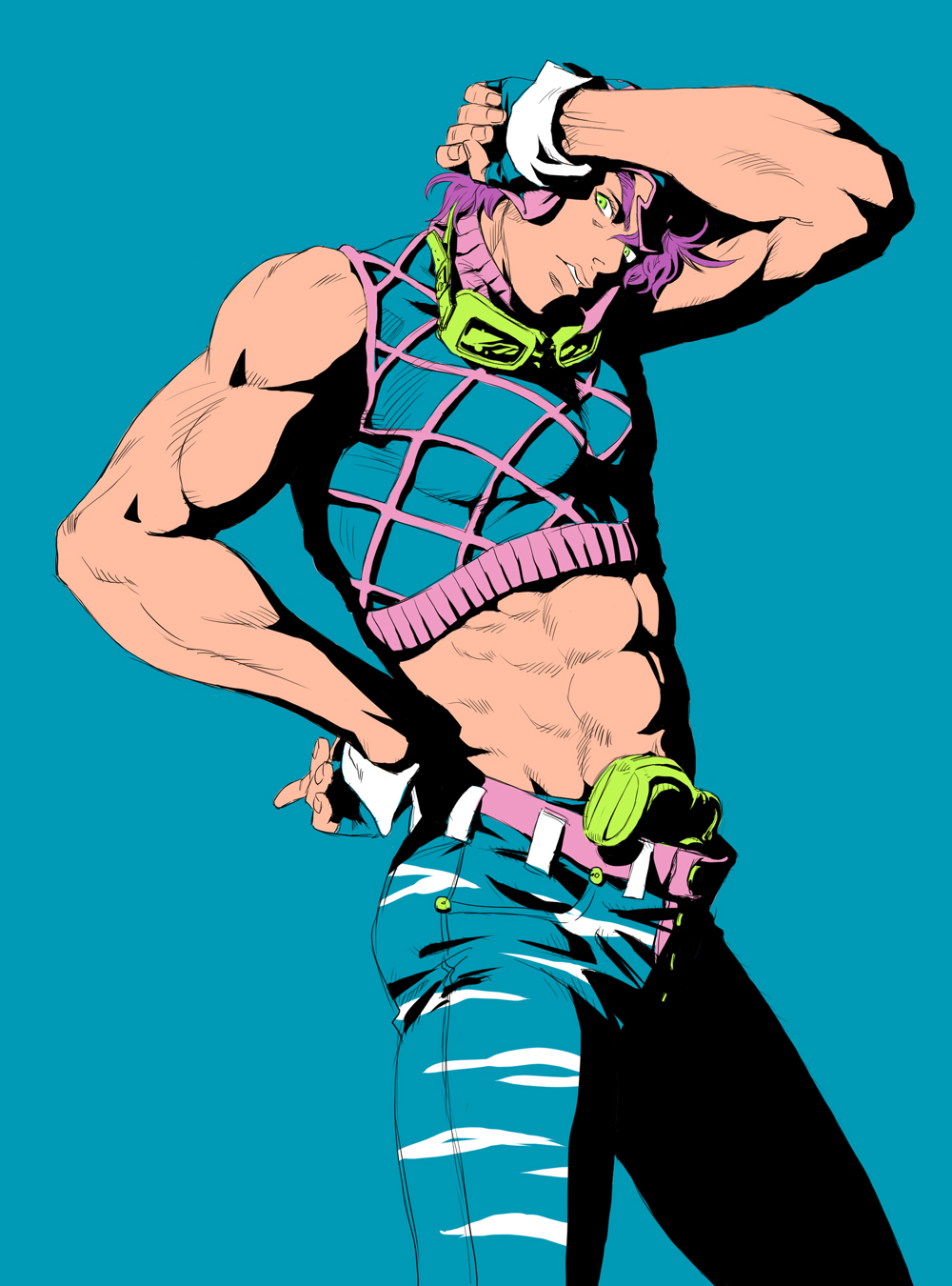 abs, crop_top, fingerless_gloves, gloves, goggles, goggles_around_neck, green_eyes, guido_mista_(cosplay)