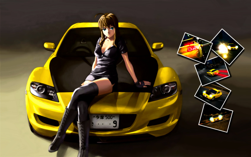 ahoge, arm_support, blonde_hair, boots, breasts, car, cleavage, crossed_legs