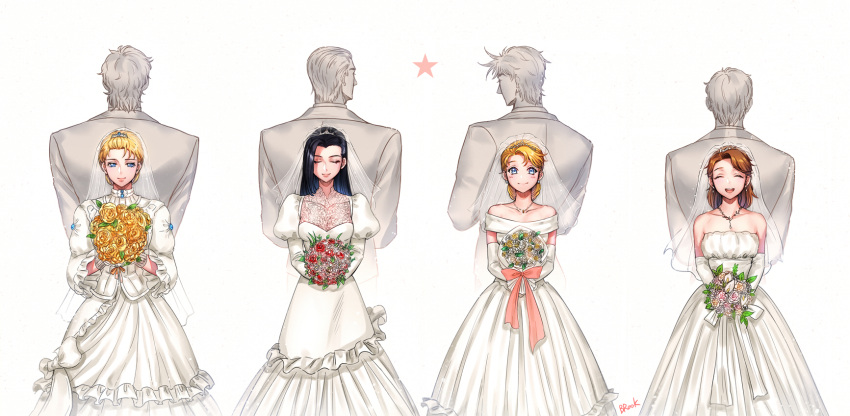 apple_brk, artist_name, back-to-back, black_hair, blonde_hair, blue_eyes, bouquet, brown_hair, closed_eyes, couple, dress, earrings, erina_pendleton, flower, george_joestar_ii, highres, jewelry, jojo_no_kimyou_na_bouken, jonathan_joestar, joseph_joestar_(young), kuujou_holly, kuujou_sadao, lisa_lisa, necklace, ribbon, rose, smile, strapless_dress, suzi_quatro, tiara, veil, wedding_dress, white_dress