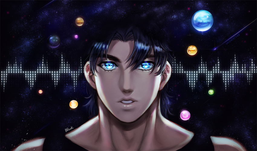 apple_brk, artist_name, black_hair, blue_eyes, eye_reflection, jojo_no_kimyou_na_bouken, jonathan_joestar, orb