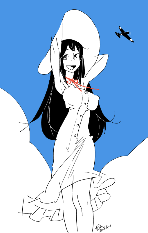1girl, :d, airplane, akagi_(kantai_collection), alternate_costume, black_hair, breasts, callan_(callancoe)