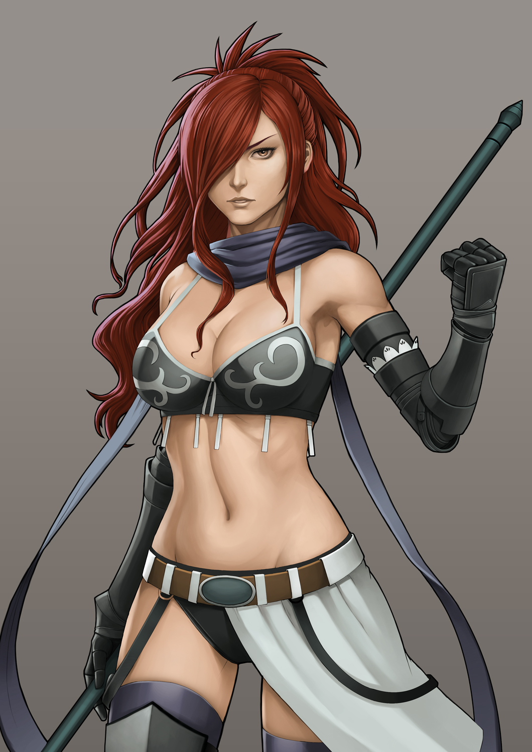 black_gloves, bra, breasts, brown_eyes, clenched_hand, erza_scarlet, fairy_tail, gauntlets