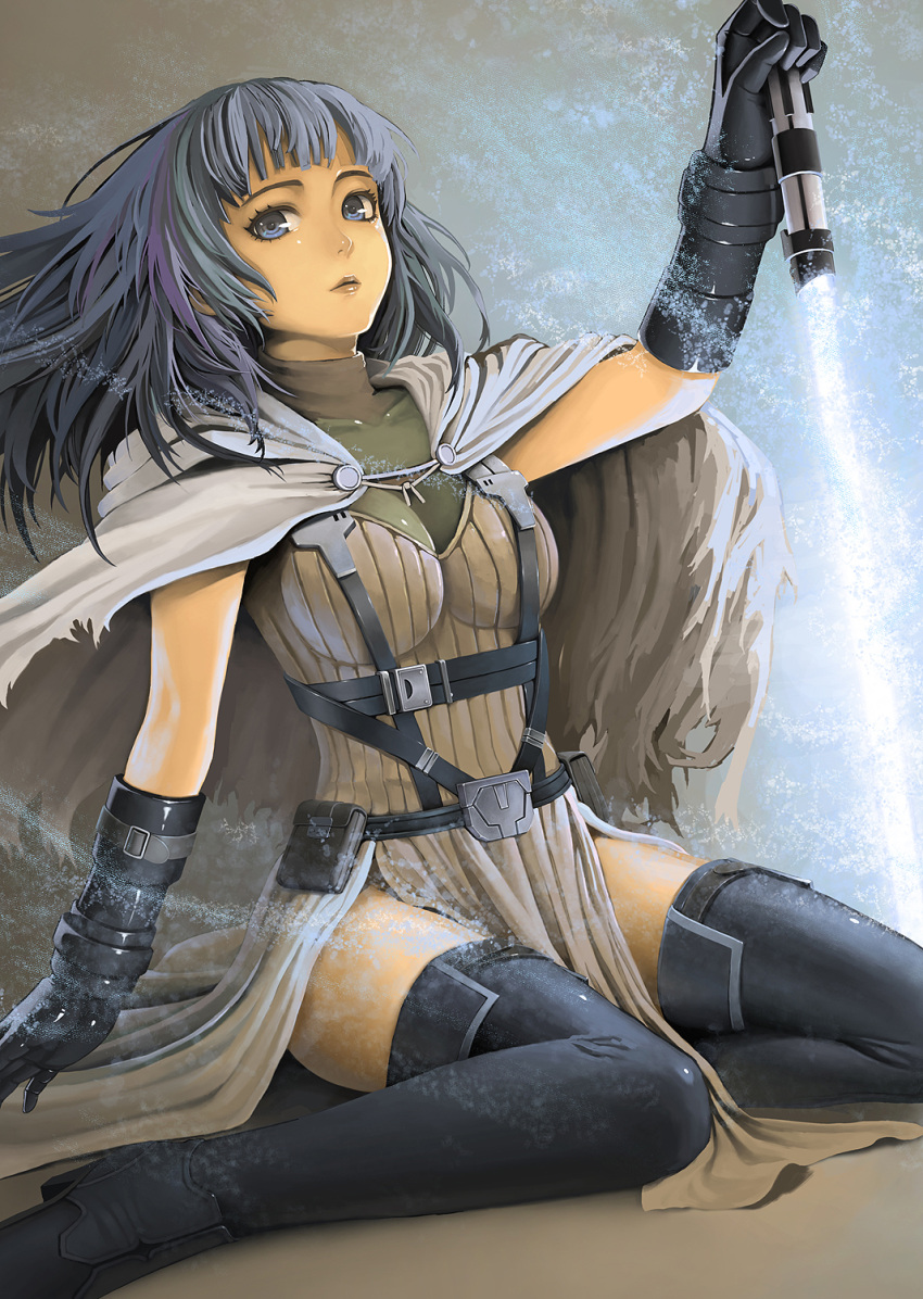 1girl, belt, black_gloves, blue_eyes, blue_hair, boots, cape, energy_sword