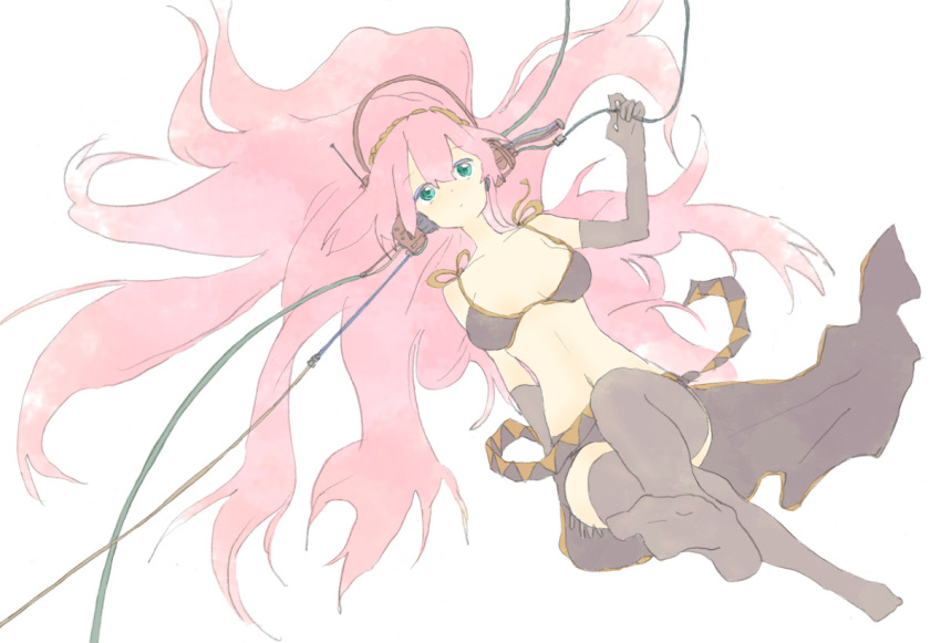 aqua_eyes, bikini_top, elbow_gloves, from_above, gloves, headphones, long_hair, lying